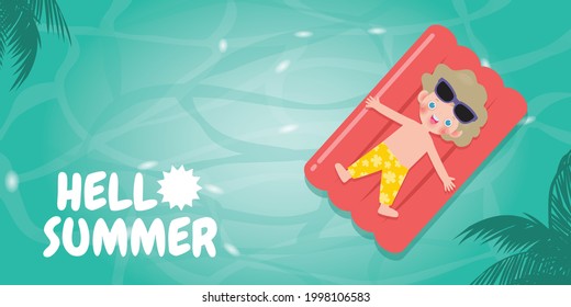 Hola banner de plantilla de verano, Niña relajante flotando en inflable en el mar en la vista superior de verano. para la publicidad folleto caricatura plana aislada en ilustración vectorial de fondo