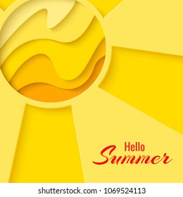 Hello Summer Template Banner. Paper Cut Sun Vector Background. Sunny Paper Craft Poster.