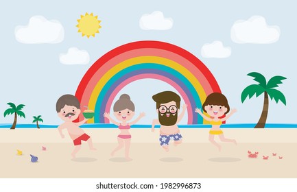 hello summer template banner, Young man and woman jumping on have a fun summer time, Relaxing person at seashore, Lounge time at the seaside, vacation flat cartoon on background vector illustration