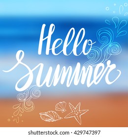 "Hello summer" Template with blurred background and modern hand lettering