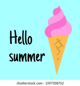 Hello summer. Template for design with hand drawn illustration of ice cream and place for your text. Vector