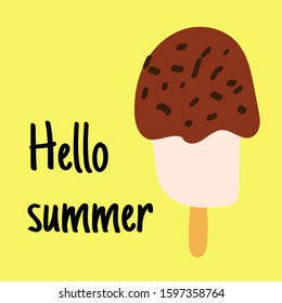 Hello summer. Template for design with hand drawn illustration of ice cream and place for your text. Vector