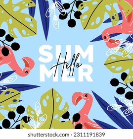 Hello Summer template with flamingos. Internet advertising and marketing. Discounts and promotions. Website promotion on social networks and Internet. Cartoon flat vector illustration