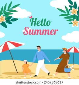 Hello summer template illustration. Summer holidays vacation banner. Happy family on picnic. Summer shopping event. Vector illustration EPS10 Vector illustration EPS10.