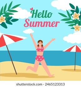 Hello summer template illustration. Summer holidays vacation banner. Happy family on picnic. Summer shopping event. Vector illustration EPS10 Vector illustration EPS10.