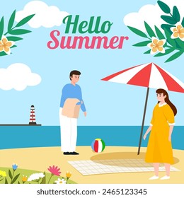 Hallo Sommer Vorlage Illustration. Sommerferien Urlaub Banner. Glückliche Familie beim Picknick. Sommer-Shopping-Event. Vektorillustration EPS10 Vektorillustration EPS10.