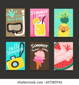 Hello Summer template set, for summer time vacation, greeting card vector concept.