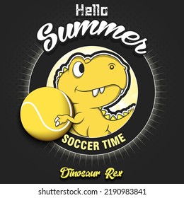 Hello Summer. Tennis time. Dinosaur holding a tennis ball. Pattern for design poster, logo, emblem, banner. Vector illustration 