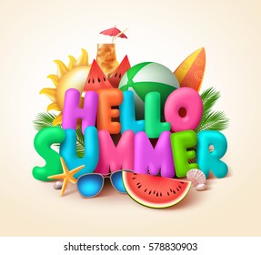 Hello summer text banner design with colorful summer elements like watermelons and beach balls in yellow background. Vector illustration.
