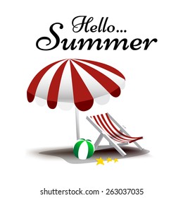 Hello Summer text with beach chair and umbrella vector illustration