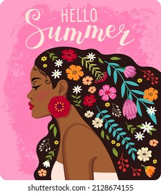 Hello summer text. Beautiful black girl with flowers and leaves in her hair. Portrait of young african woman in flat style