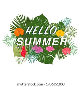 Hello Summer text. Beautiful summer time exotic circle frame with hand drawn colorful hibiscus vector illustration summer background