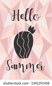 "Hello Summer" Text and Cactus Plant with Rose Gold Polygon or Geometric Background. Vector Illustration for Graphic Design, Template, Layout, Poster, Shirt and More. 