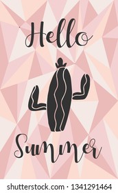 "Hello Summer" Text and Cactus Plant with Rose Gold Polygon or Geometric Background. Vector Illustration for Graphic Design, Template, Layout, Poster, Shirt and More. 