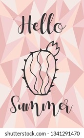 "Hello Summer" Text and Cactus Plant with Rose Gold Polygon or Geometric Background. Vector Illustration for Graphic Design, Template, Layout, Poster, Shirt and More. 