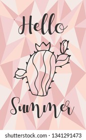 "Hello Summer" Text and Cactus Plant with Rose Gold Polygon or Geometric Background. Vector Illustration for Graphic Design, Template, Layout, Poster, Shirt and More. 