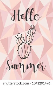"Hello Summer" Text and Cactus Plant with Rose Gold Polygon or Geometric Background. Vector Illustration for Graphic Design, Template, Layout, Poster, Shirt and More. 
