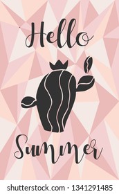 "Hello Summer" Text and Cactus Plant with Rose Gold Polygon or Geometric Background. Vector Illustration for Graphic Design, Template, Layout, Poster, Shirt and More. 