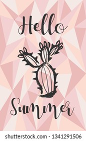 "Hello Summer" Text and Cactus Plant with Rose Gold Polygon or Geometric Background. Vector Illustration for Graphic Design, Template, Layout, Poster, Shirt and More. 