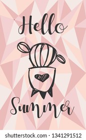 "Hello Summer" Text and Cactus Plant with Rose Gold Polygon or Geometric Background. Vector Illustration for Graphic Design, Template, Layout, Poster, Shirt and More. 