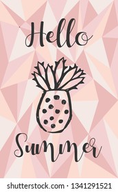 "Hello Summer" Text and Cactus Plant with Rose Gold Polygon or Geometric Background. Vector Illustration for Graphic Design, Template, Layout, Poster, Shirt and More. 
