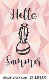 "Hello Summer" Text and Cactus Plant with Rose Gold Polygon or Geometric Background. Vector Illustration for Graphic Design, Template, Layout, Poster, Shirt and More. 