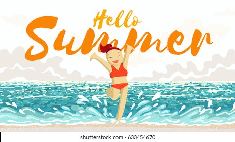 Hello summer text calligraphy and happy girl at the beach vector illustration and background