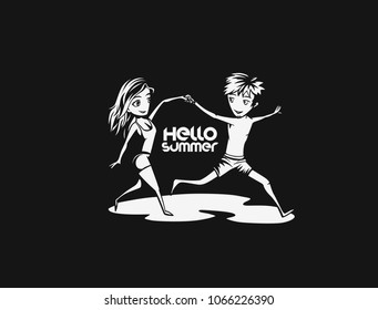 Hello summer text, cartoon boy and girl playing, tshirt print, vector illustration