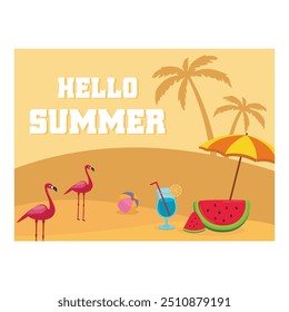 Hello summer text with colorful elements.  Flat vector modern illustration 