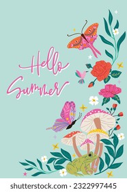 Hello Summer Text in a colorful floral illustrated template with mushrooms, frog, butterflies, leaves and flowers. Background template for invites, postcards, posters etc. 