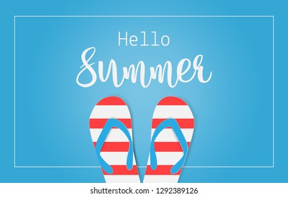 Hello Summer text with colorful sandals on blue background