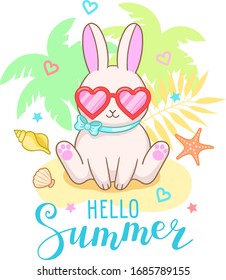 Hello summer text. Cute bunny with heart shaped sunglasses, palm trees and seashells. Vacation theme. Vector illustration isolated