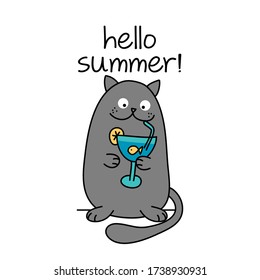 Hello summer text with cute cat with goldfish cocktail - funny quote design with gray cat. Kitten calligraphy sign for print. Cute cat poster with lettering, good for t shirts, gifts, mugs. 