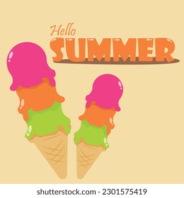 Hello summer text with cute ice cream cartoon greeting card