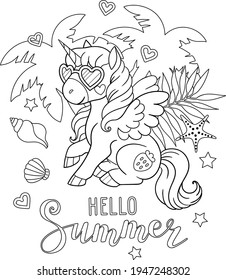 Hello summer text. Cute pegasus with heart shaped sunglasses, palm trees and seashells. Vector outline for coloring page