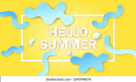 Hello Summer text decorated with sea curves and sea water drop. Hello Summer template. paper cut and craft style. vector, illustration.