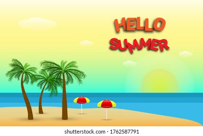 hello summer text decoration in paper cut with beach view vector illustration 