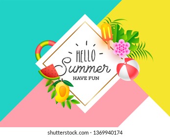 Hello Summer text with elements such as watermelon slice, mango, ice-cream, beach ball, and flower in colorful martial art background.