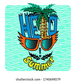 Hello summer. The text hello summer in the a face or skull silhouette of made up of sunglasses, leaf mustache, smile of the word summer, two l letters on a palm sea beach. For party invitation. Vector