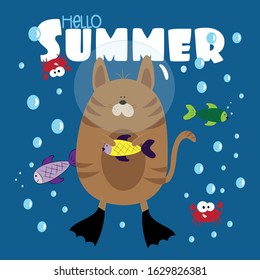 Hello Summer text- with funny cat and fishes, and cute crabs, in sea. Good for  cover, card, poster, banner, textile print, and gift design.
