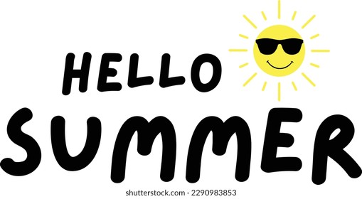 Hello Summer text with funny sun icon, vector background, isolated on white