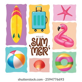 Hello summer Text, Summer greeting text, Hello summer text with summer and travel elements. Vector illustration.