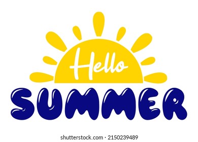 Hello Summer text. Hand drawn lettering with decorative element sun isolated on white background. Vector illustration for print, card, poster, banner,  sticker, icon ets