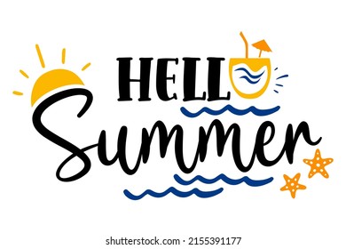 Hello summer text. Summer hand drawn brush lettering.  Vector illustration for logo templates,  banners, wallpaper, flyers, invitation, posters, brochure ets.