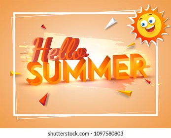 Hello Summer Text with Happy Sun on Beige Colour Background.