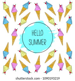 Hello Summer text with ice cream cones pattern background.