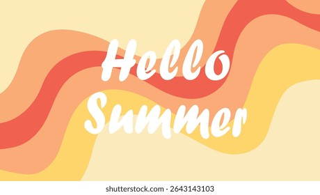 Hello summer text illustration with wavy layered background in bright orange yellow and peach tones