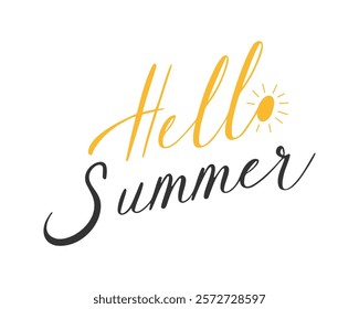 Hello Summer text lettering, inscription with yellow sun, element design , isolated on white background. Vector illustration
