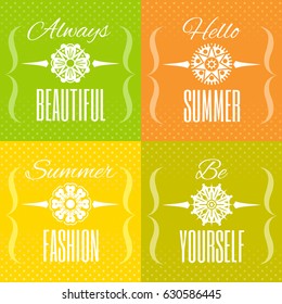 Hello summer text lettering logo set. Flower silhouette icons, vector illustration. Abstract template design element.