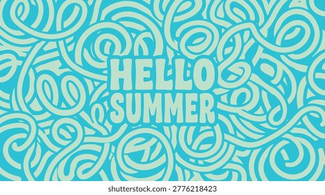 Hello Summer text on a blue background with light green abstract swirling pattern Keywords: hello summer, text, typography, greeting, season, warm weather, vacation, holiday, fun, bright, colorful